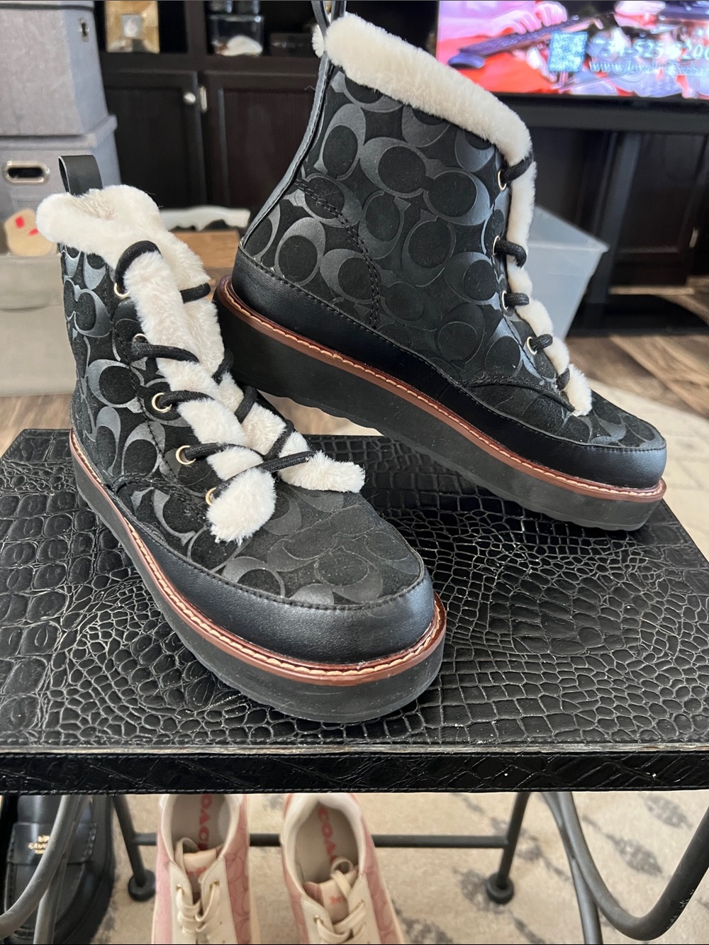 Coach Suede Signature fur trim bootie
